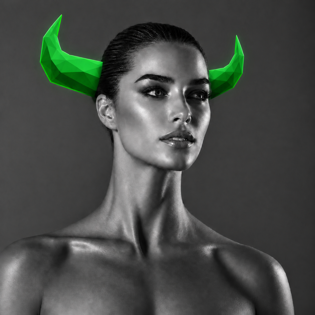 STACEM — a striking portrait of a woman wearing glowing neon-green low-poly horns